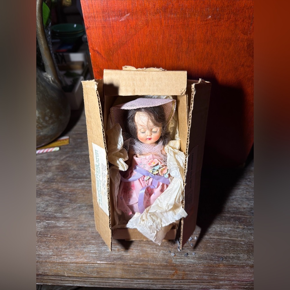 Vintage 1930s Bisque Doll w/ Original Box Pink Dress Sleep Eyes